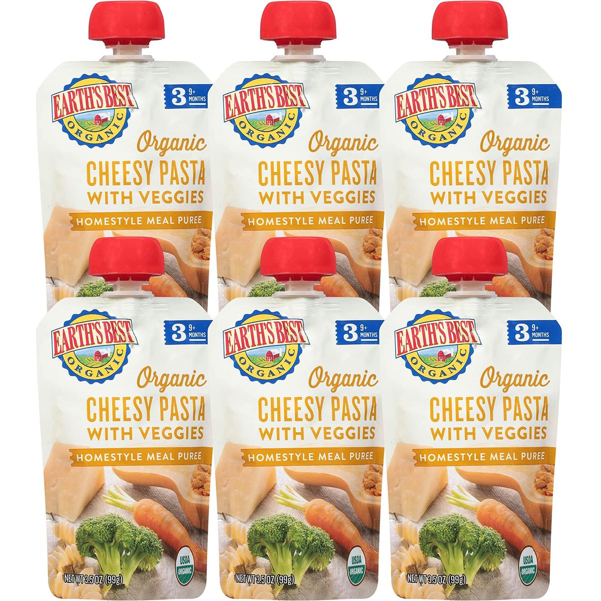 Earth&#39;s Best Organic Baby Food Pouches, Stage 3 Homestyle Meal Puree for Babies 9 Months and Older, Organic Cheesy Pasta with Vegetables, 3.5 oz Resealable Pouch (Pack of 6)