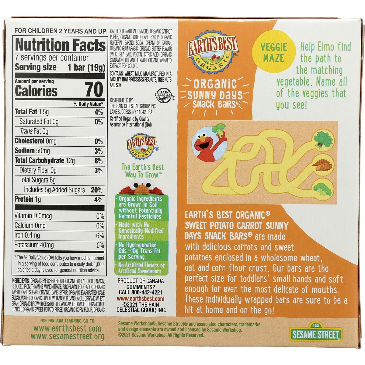 EARTHS BEST Organic Swt Pto Crrt Snny Day Bars, 0.67 Ounce (Pack of 7)