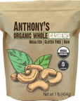 Anthonys Organic Whole Cashews 1 lb Raw Unsalted  Gluten Free