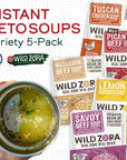 Wild Zora Instant Keto-Friendly Soups 5-Pack Variety, Broth Made with Grass-Fed Beef, Free-Range Chicken, and Vegetables, Gluten-Free, Low Carb, No Added Sugar, Flavorful Pantry Staples - 0.5oz/13g