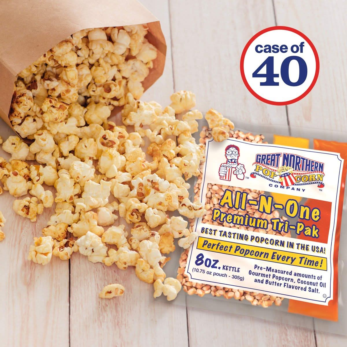 Movie Theater Style 40Count Popcorn Packs  PreMeasured 8Ounce AllinOne Kernel Salt Oil Packets for Popping Machines by Great Northern Popcorn