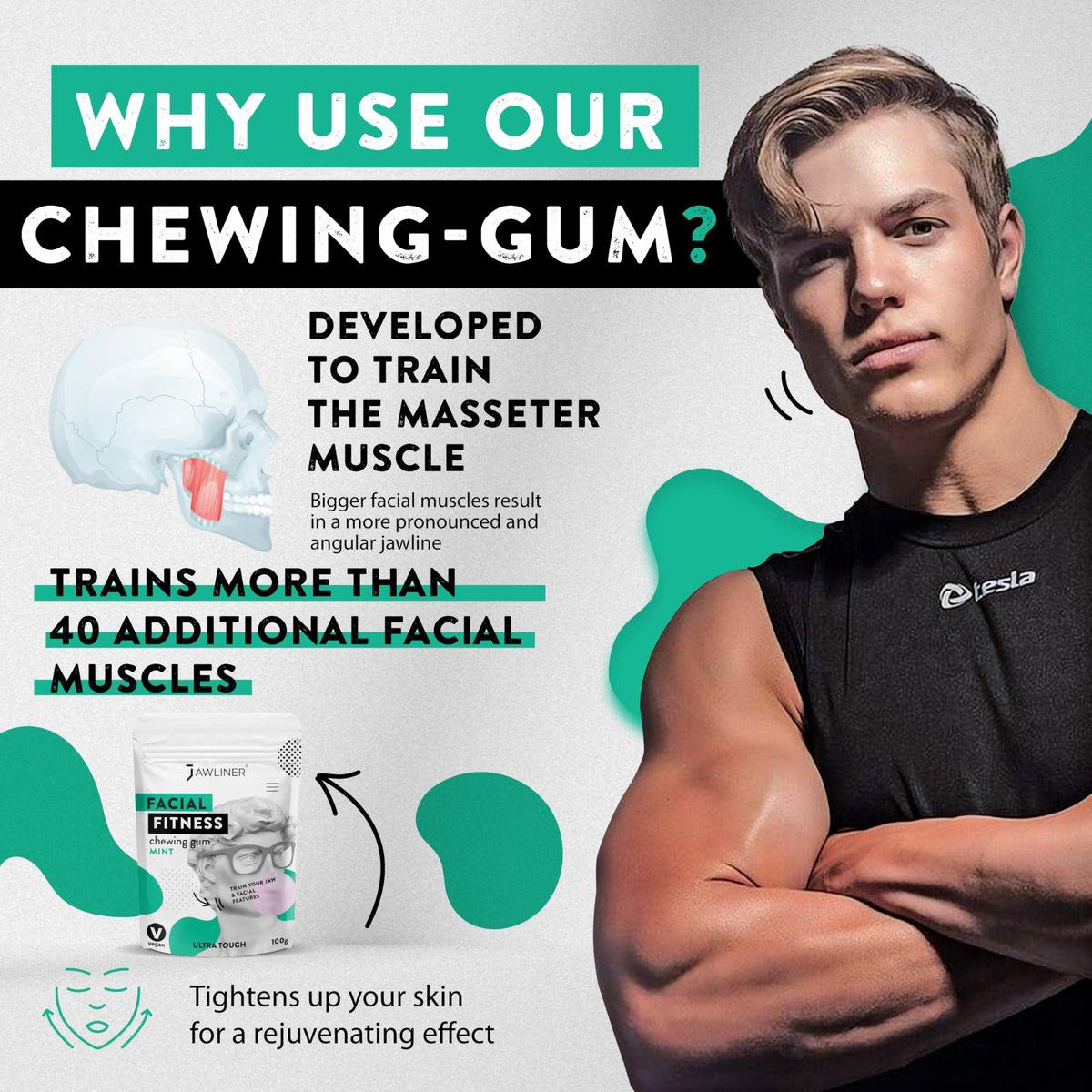 JAWLINER Fitness Chewing Gum (2 months pack) Jawline Sugar Free Mint Gum - - Jawline Exerciser For Mewing And Shapen The Jaw - 15x Harder Than Regular Gum