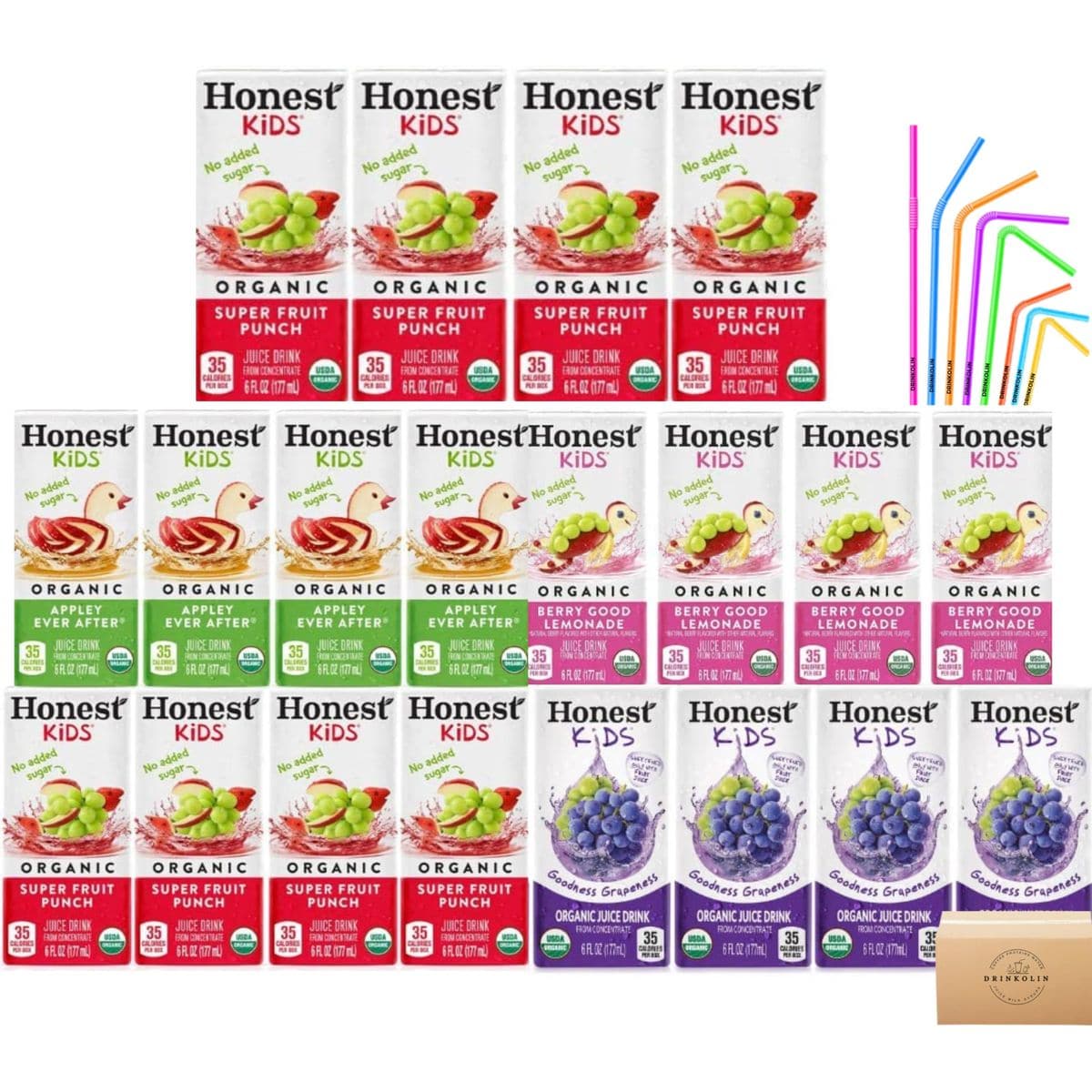 Honest Kids Organic Juice Drink Assorted Variety Pack 6 Fl Oz 20 Count with Drinking Straws