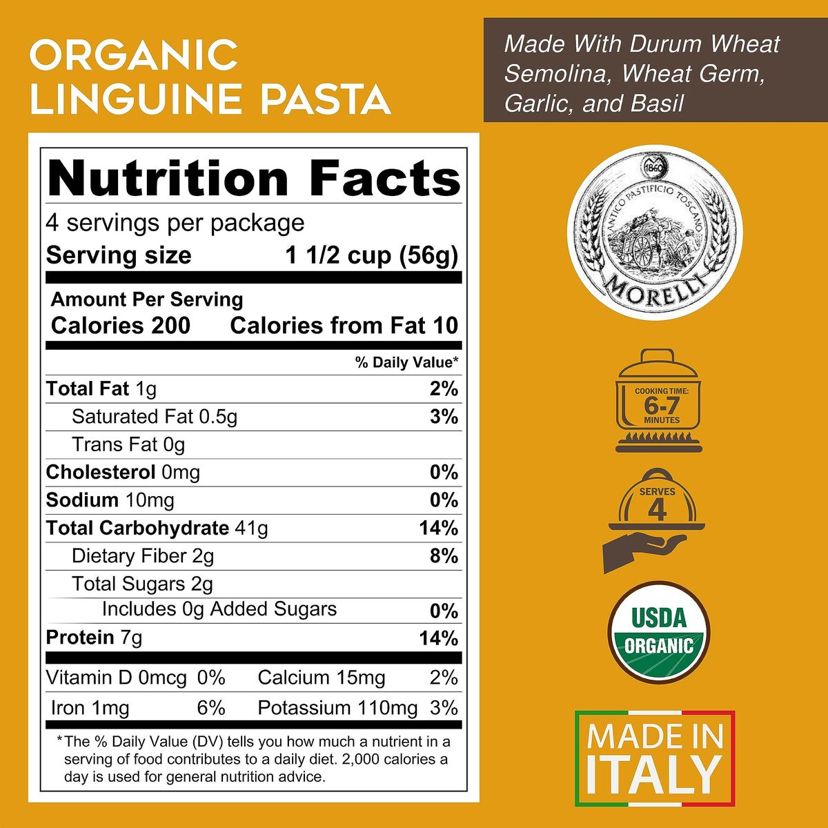 Morelli Italian Pasta Organic Garlic and Basil Linguine - Gourmet Pasta Handmade in Small Batches - Durum Wheat Semolina, Al Dente, Italian Pasta from Italy 8.8oz / 250g - Pack of 2