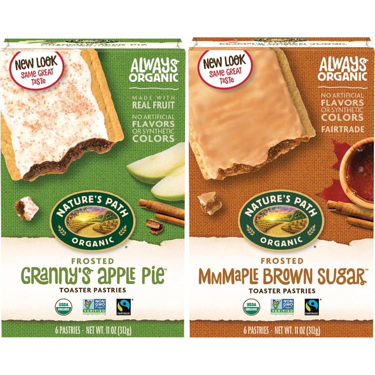 Organic Pop Toaster Pastries Grannys Cinnamon Apple Pie  Maple Brown Sugar Pastry Tarts Snack 2 Natures Path Boxes  SimplyComplete Bundle Breakfast Meal  No Artificial Flavors Colors  Real Fruit  Non GMO