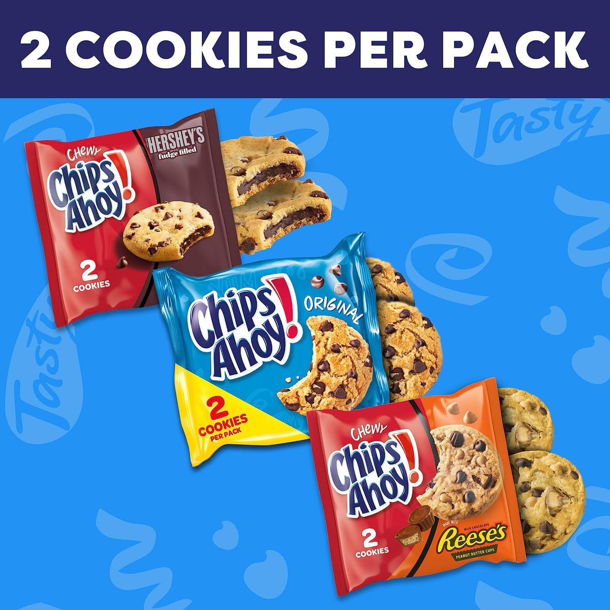 CHIPS AHOY! Cookie Variety Pack, Original Chocolate Chip with Reese&#39;s Peanut Butter Cups &amp; Chewy Hershey&#39;s Fudge Filled Soft Cookies, 50 Snack Packs (2 Cookies Per Pack)