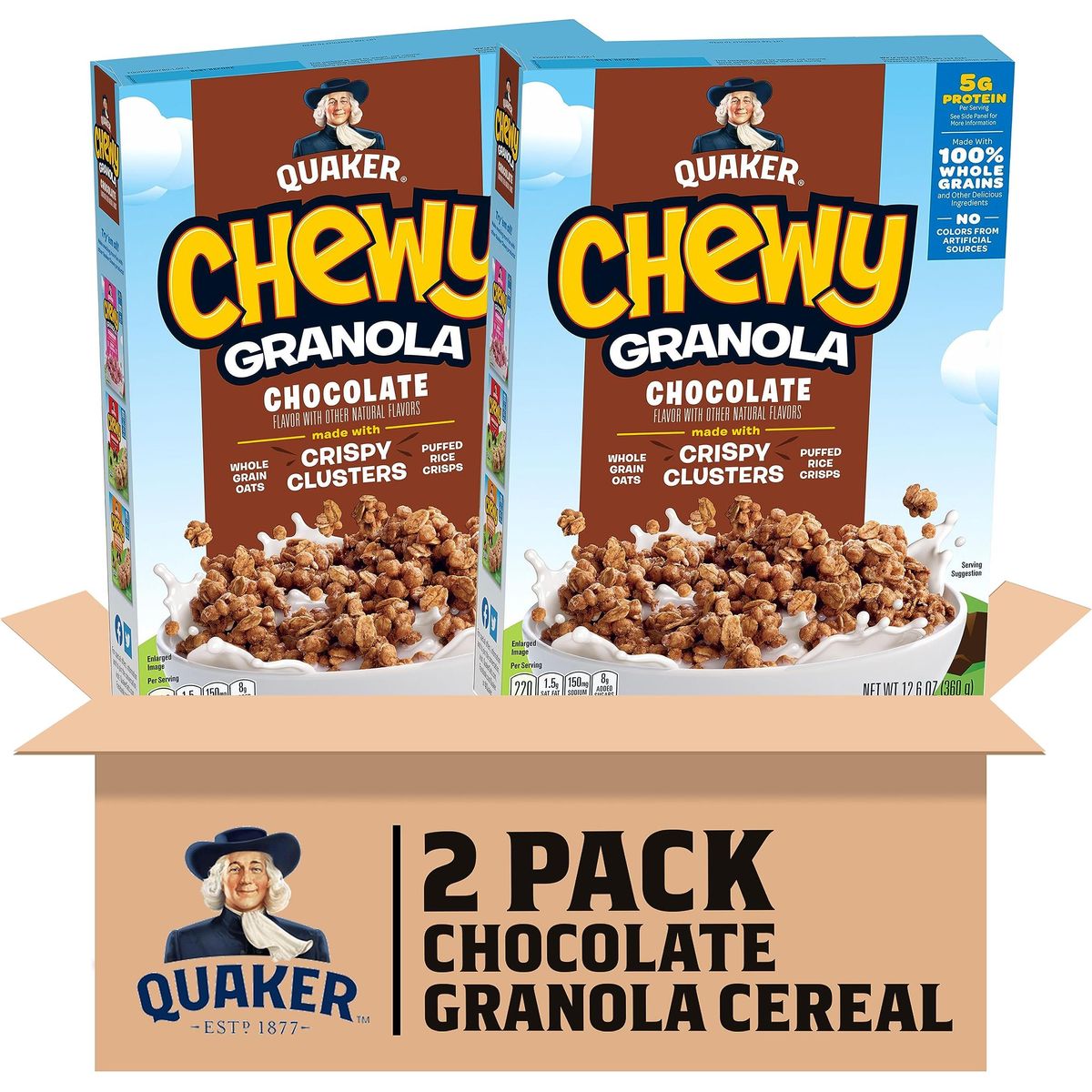 Quaker Chewy Granola Breakfast Cereal, Chocolate, 13.6oz Box, (2 Pack)