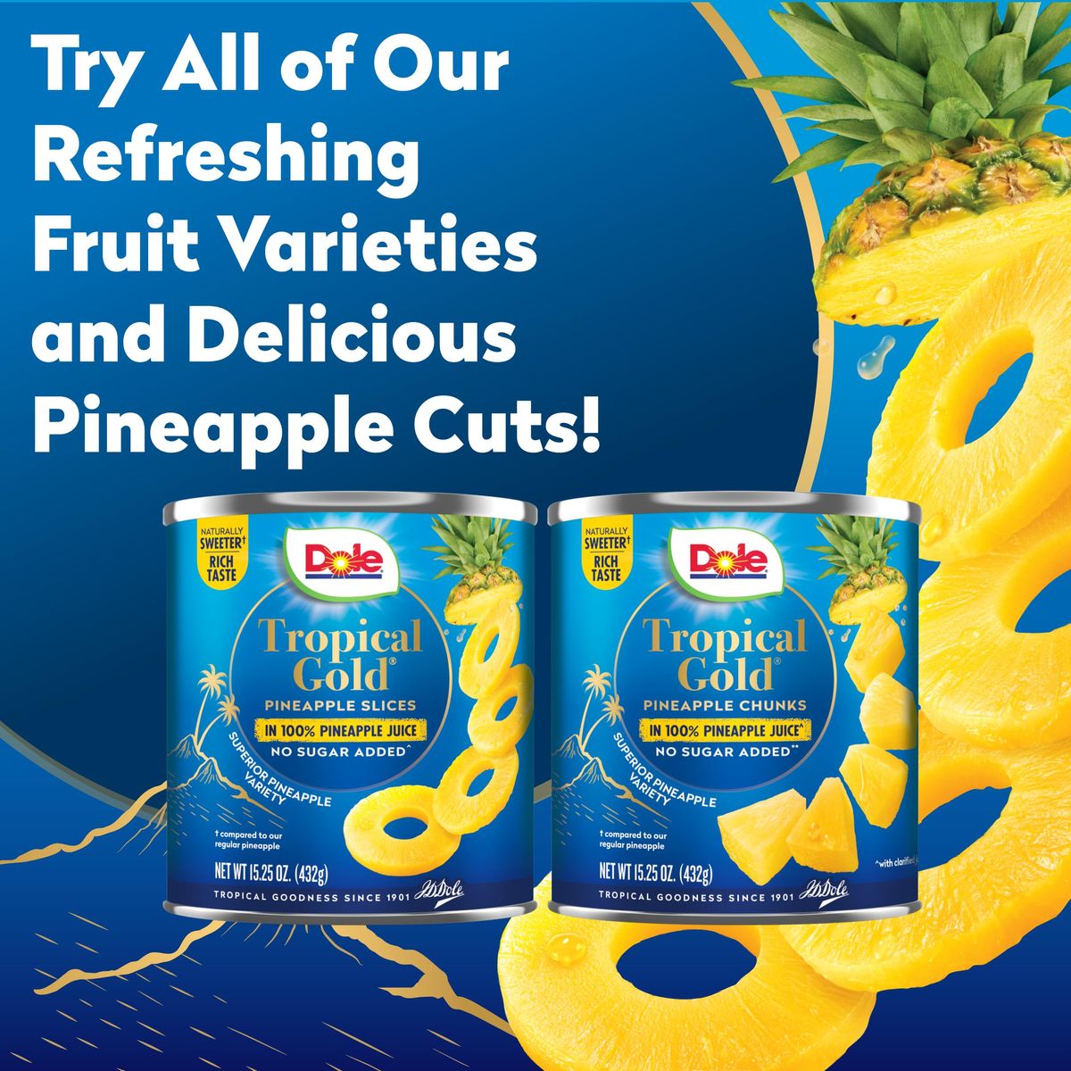 Dole Canned Fruit Tropical Gold Pineapple Chunks in 100 Pineapple Juice Gluten Free Pantry Staples No Sugar Added 1525 Oz 12 Count