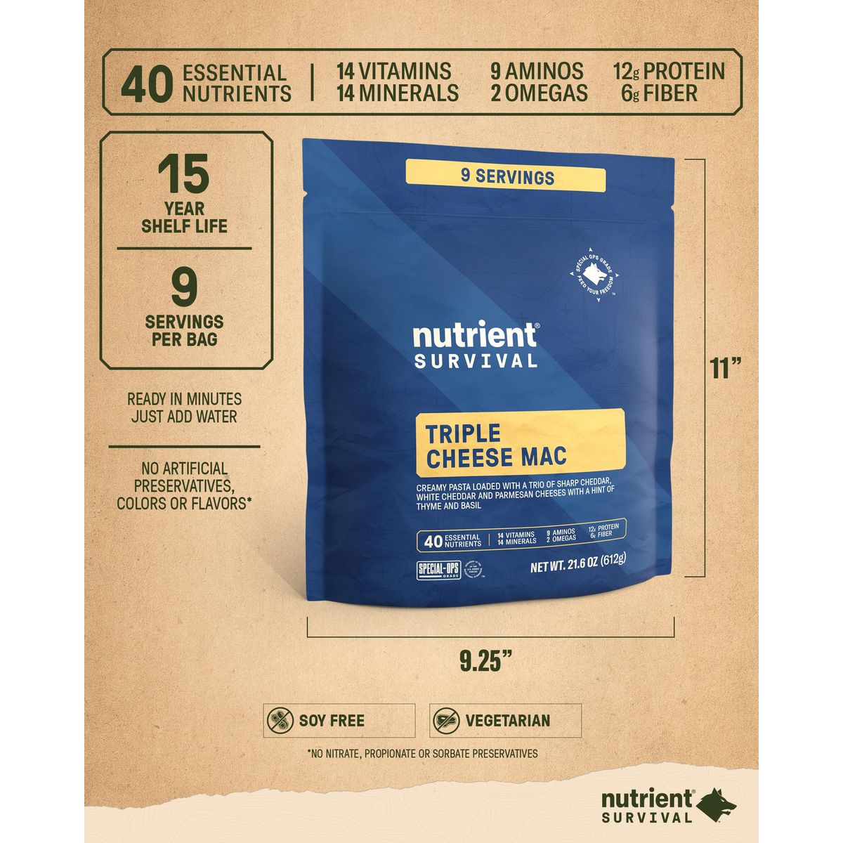 Nutrient Survival MRE Triple Cheese Mac Ready to Eat Meals 9 Servings Freeze Dried Prepper Supplies  Emergency Food Supply 40 Essential Nutritients Shelf Stable Up to 15 Years Pantry Pack