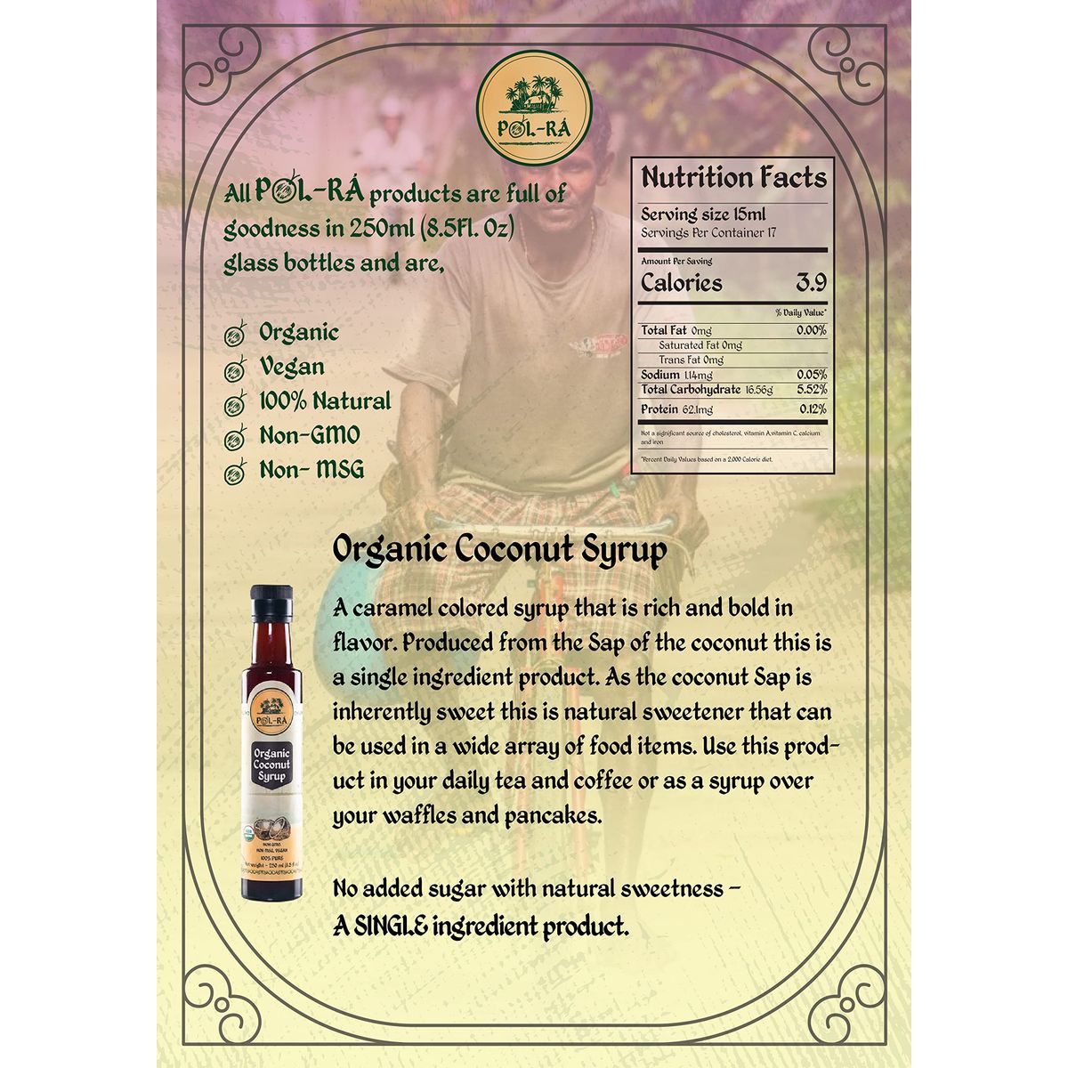 P LRA Organic Pure Coconut Syrup for Waffles Pancakes Coffee  Desserts  Creamy Tropical Flavored  Natural Flavor Drink Mix  Gluten Free  Soy  Sodium Free  Kosher  85 oz  Pack of 1