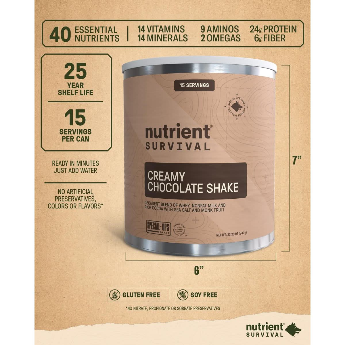 Nutrient Survival Protein Shake Creamy Chocolate Whey Protein Powder Freeze Dried Prepper Supplies  Emergency Food 40 Nutrients Gluten Free Shelf Stable Up to 25 Years One Can15 Servings