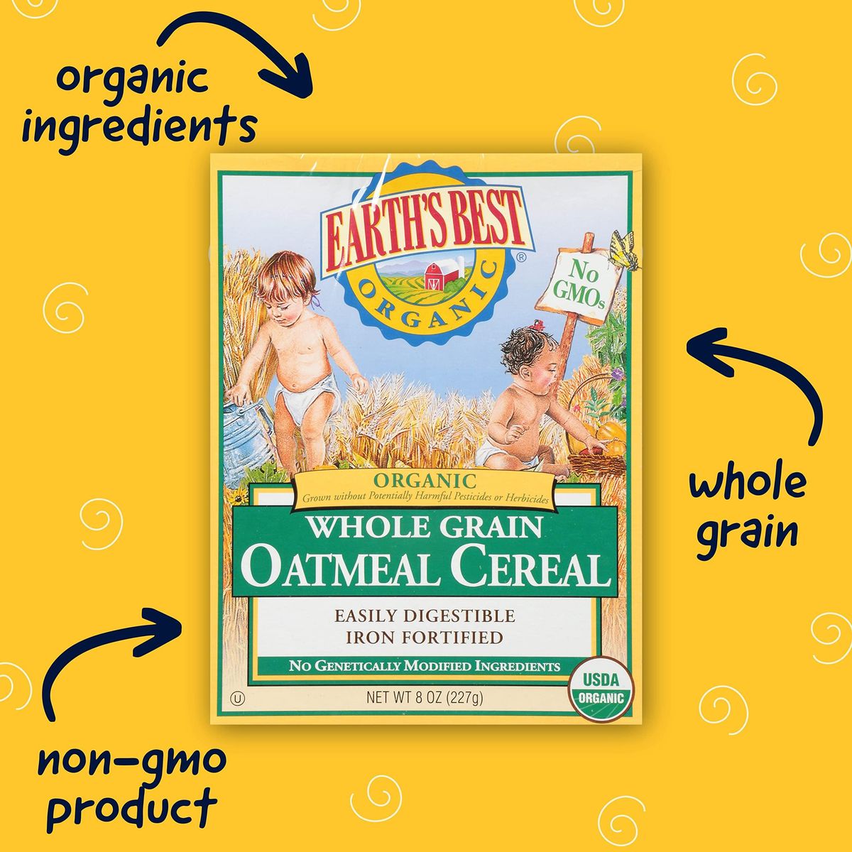 Earth&#39;s Best Organic Baby Food, Organic Whole Grain Oatmeal Easily Digestible and Iron Fortified Cereal, Non-GMO, 8 oz Box (Pack of 12)