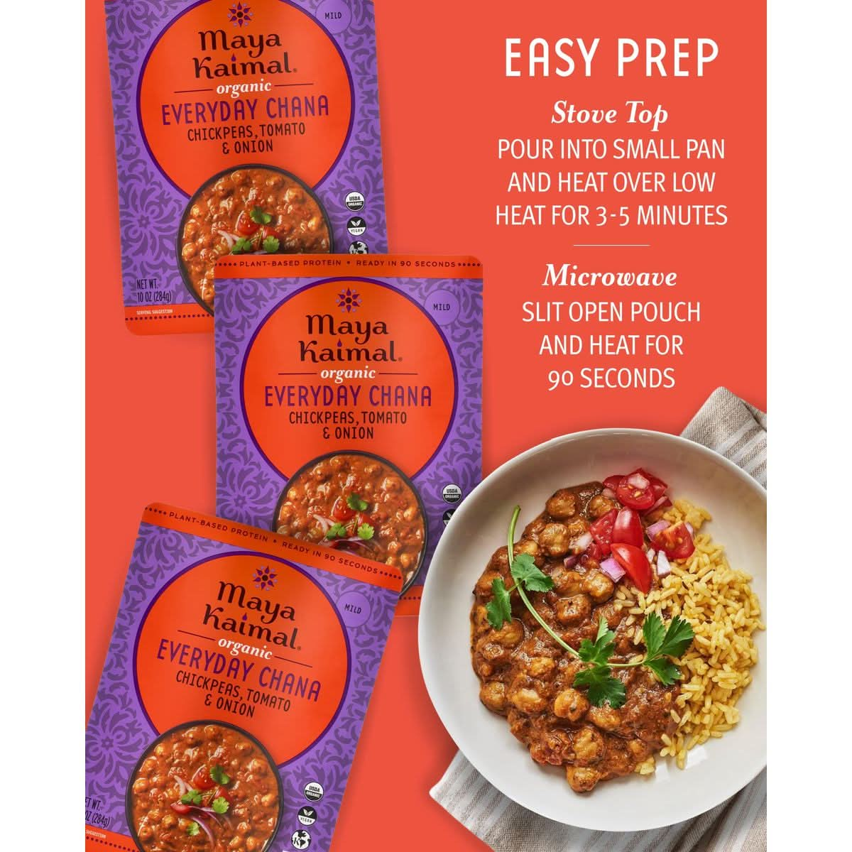 MAYA KAIMAL Organic Indian Tomato  Onion Everyday Chana  10oz PACK of 3  Microwaveable Ready to Eat Fully Cooked Chickpeas  Vegan Ready to Eat