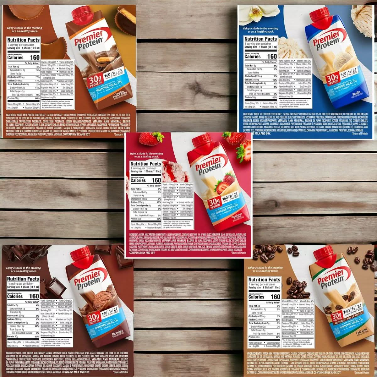 Premier Protein Shake Variety Pack 5 Flavors Chocolate Peanut Butter Vanilla Strawberries and Cream Chocolate and Cafe Latte 11 fl oz 10 ct  a Sophley Individually Wrapped Red and White Flex Straws