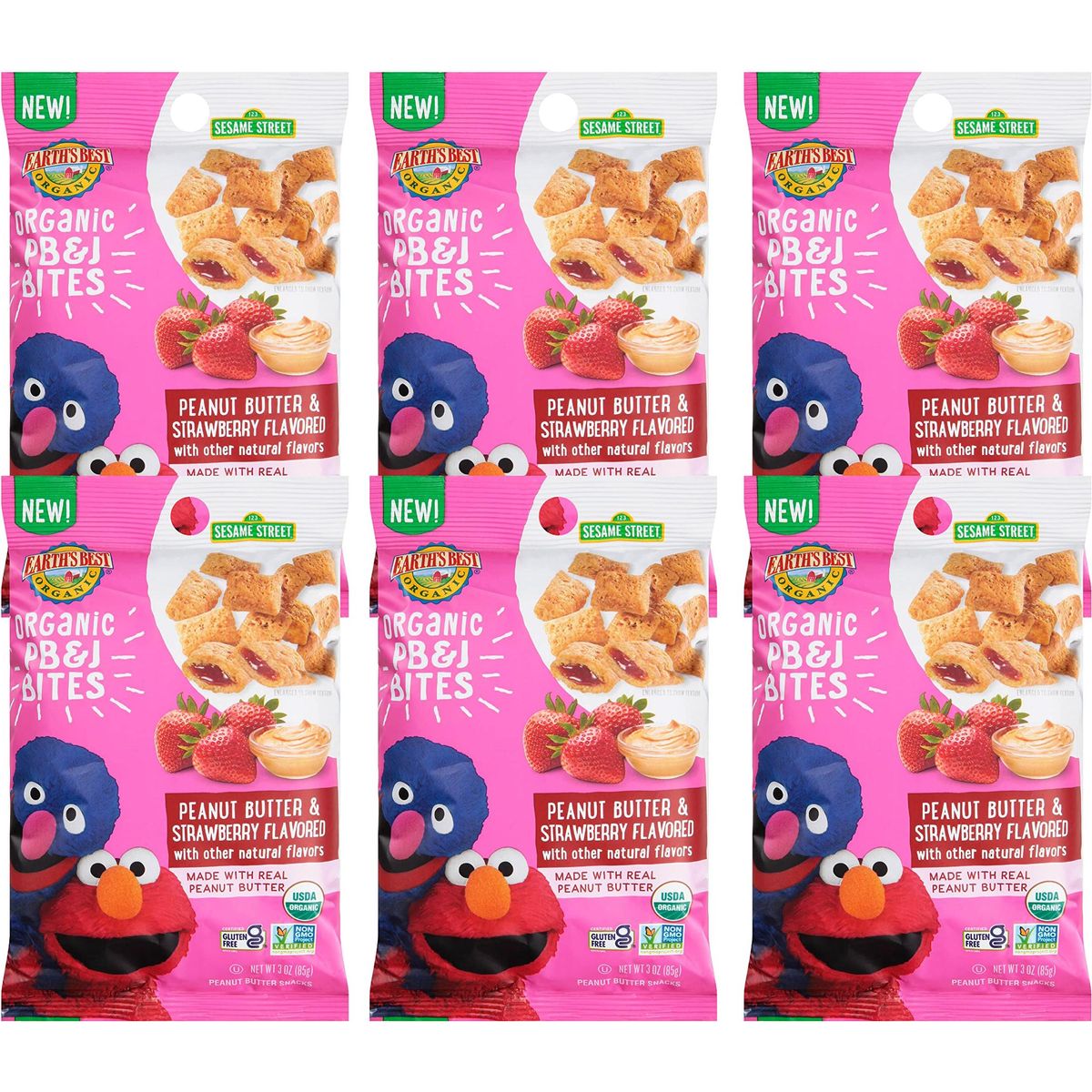 Earth&#39;s Best Organic Kids Snacks,Sesame Street Toddler Snacks,Organic PB&amp;J Bites for Toddlers 2 Years and Older,Peanut Butter and Strawberry Flavored with Other Natural Flavors,3oz Bag (Pack of 6)