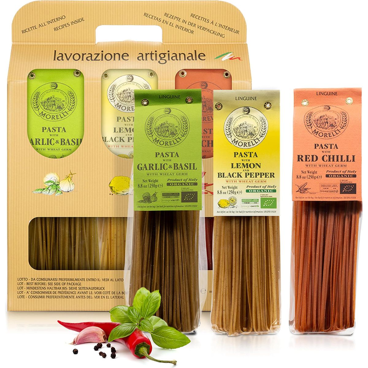 Morelli Gourmet Pasta Italian Gift Basket From Italy - Tricolor Pasta Linguine Set - Red Chili, Garlic &amp; Basil, and Lemon Pasta - Tricolored Organic Pasta from Italy, Made in Italy (3x 8.8 Ounce)