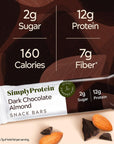 Simply Protein Dark Chocolate Almond Protein Bars, Vegan Protein Bars Low Sugar High Protein, Gluten Free, 12 Pack