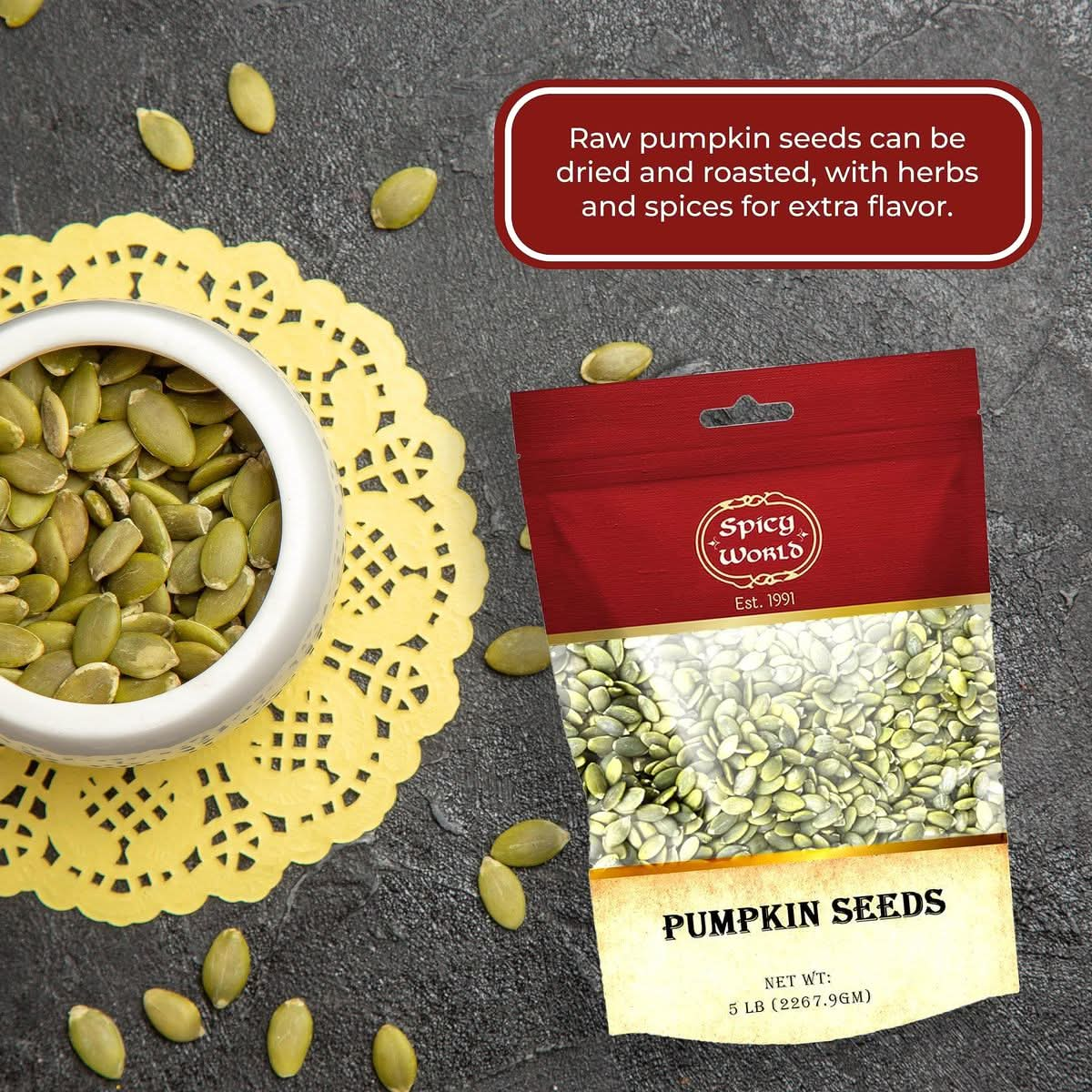 Spicy World Raw Pumpkin Seeds 5 LB Bag  Shelled AAA Grade Unsalted Dry Vegan Bulk Bag