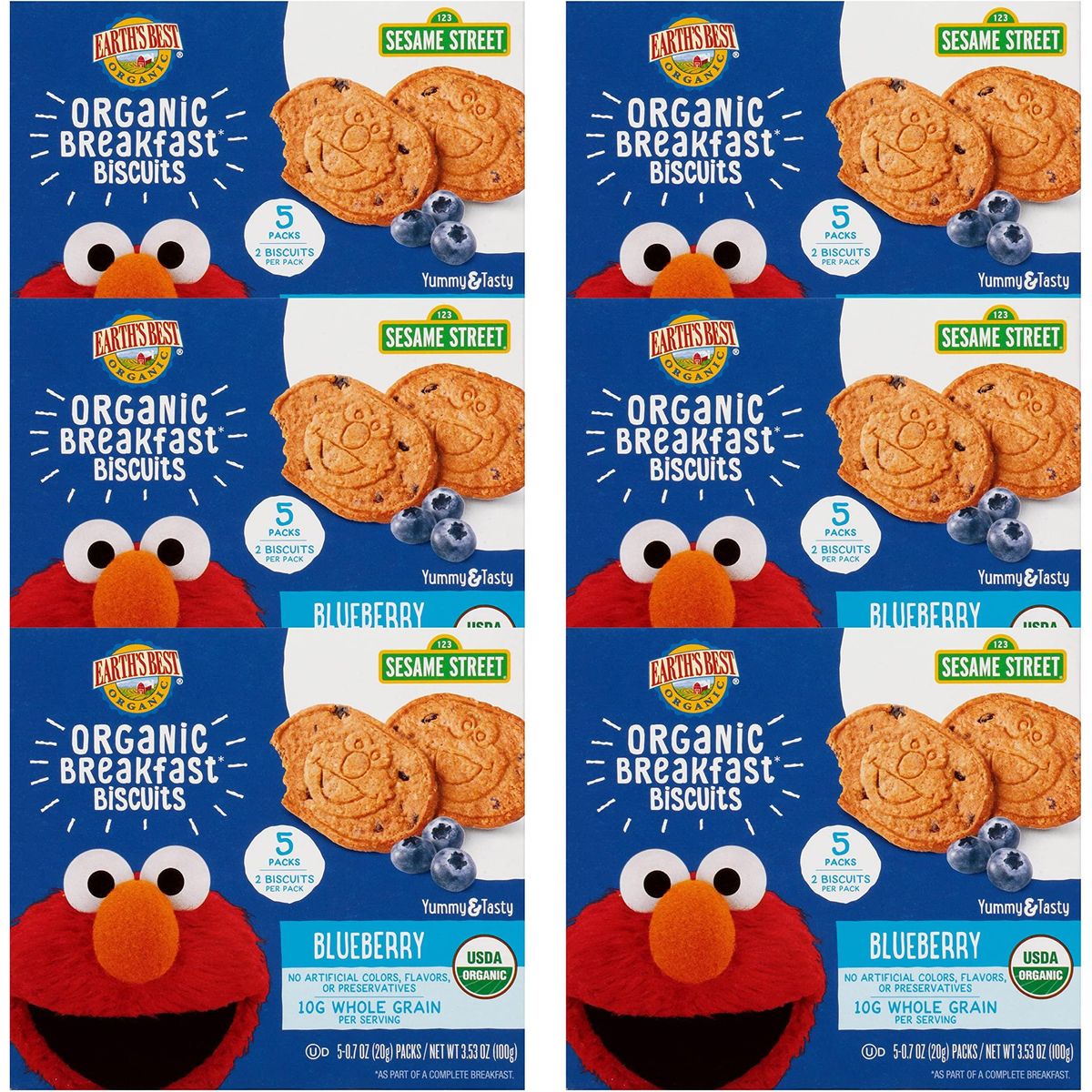 Earth&#39;s Best Organic Kids Snacks, Sesame Street Toddler Snacks, Organic Breakfast Biscuits for Kids 2 Years and Older, Blueberry, 2 Biscuits - 5 Count (Pack of 6)