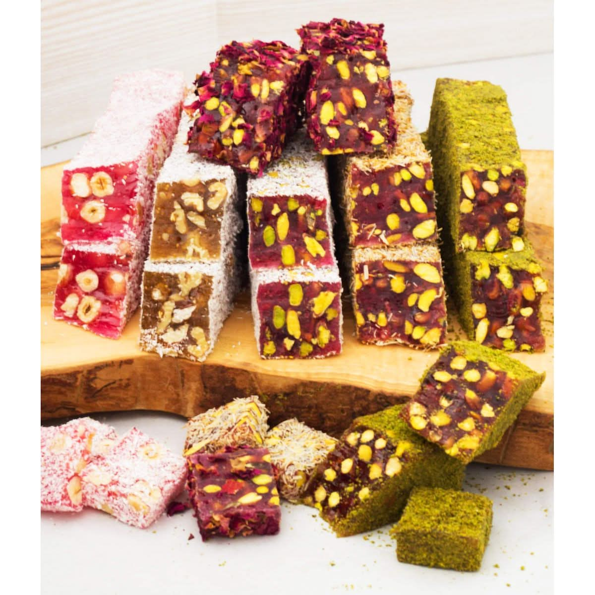 Cerez Pazari Turkish Delight with Mix of 4 Flavours and Pistachio Hazelnut and Walnut Assorted Gourmet Lokum Loukoumi in Elegant Tin Gift Box 11 lbs   Sweet Traditional Soft Candy Dessert 25Pcs