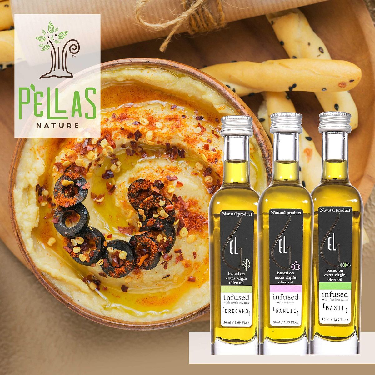 Pellas Nature, Organic Herbs Infused Greek Extra Virgin Olive Oil Set, Finishing Oil Flavors Basil, Garlic, Red Pepper, Rosemary, Wooden Combo Set, No-Additives, Kosher, 4 X 50 ml (1.7 oz.) Bottles, Pack of 1