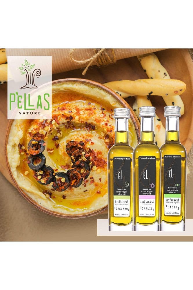 Pellas Nature, Organic Herbs Infused Greek Extra Virgin Olive Oil Set, Finishing Oil Flavors Basil, Garlic, Red Pepper, Rosemary, Wooden Combo Set, No-Additives, Kosher, 4 X 50 ml (1.7 oz.) Bottles, Pack of 1