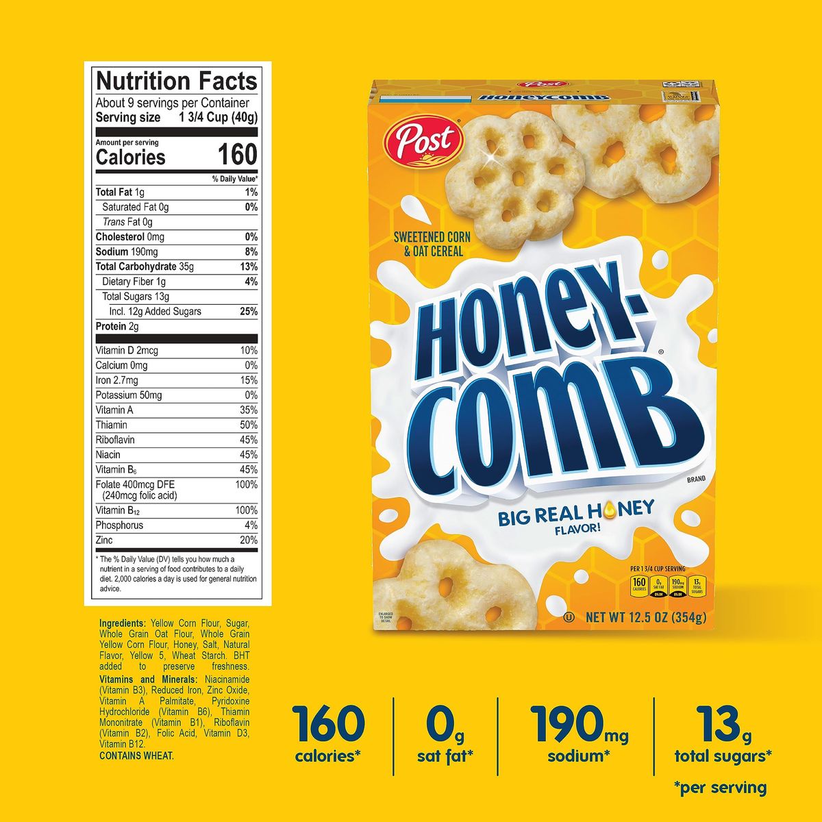 Post Honeycomb Cereal Honey Flavored Sweetened Corn and Oat Cereal 19 OZ Box