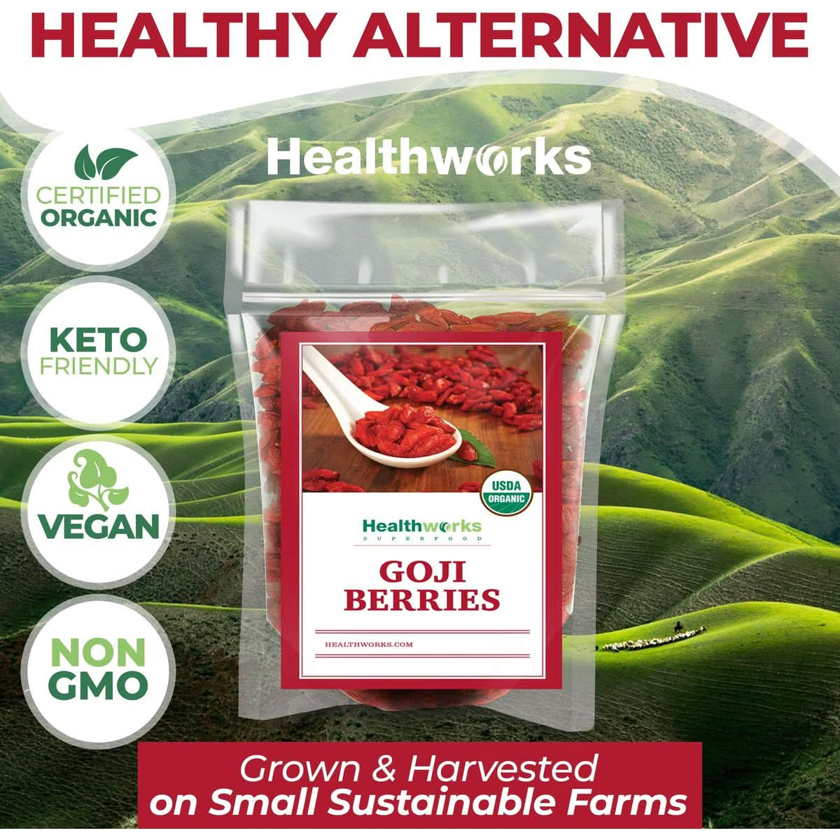 Healthworks Raw Goji Berries 16 Ounces  1 Pound  Certified Organic  SunDried  Keto Vegan  NonGMO  Baking Teas  Smoothies  Antioxidant Superfood