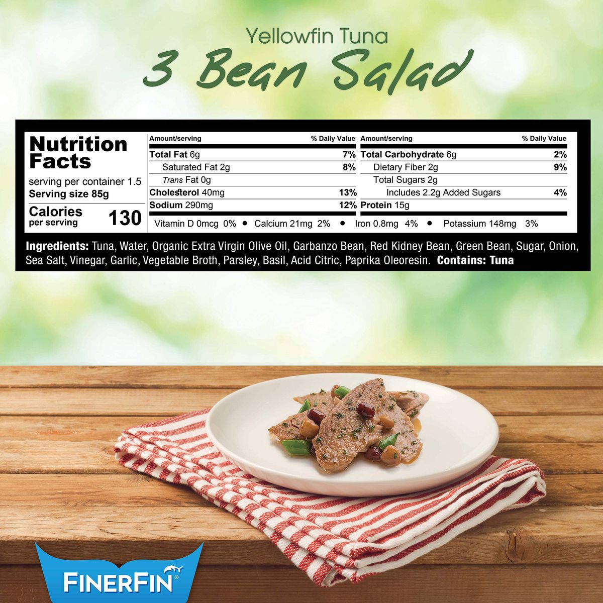 FinerFin Yellowfin Tuna Salad in Organic Olive Oil  3 Bean Salad Flavor  Premium Canned Tuna Fish with EVOO  Gourmet ReadytoEat WildCaught Fillets  44oz can  12 Pack