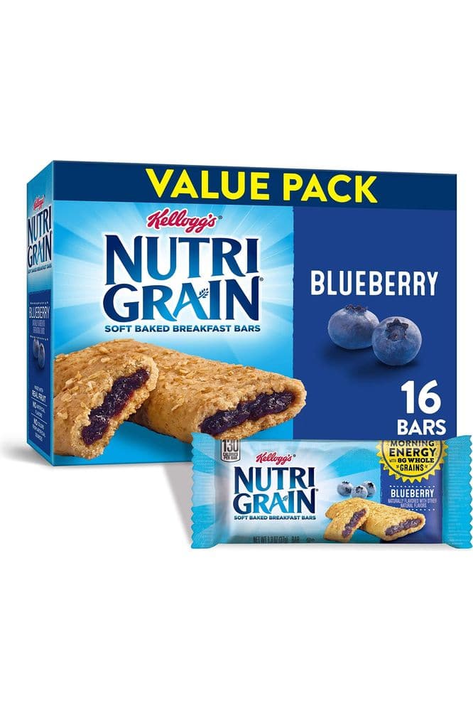 Kellogg&#39;s Nutri-Grain, Soft Baked Breakfast Bars, Blueberry, Made with Whole Grain, Value Pack, 20.8 oz (16 Count)