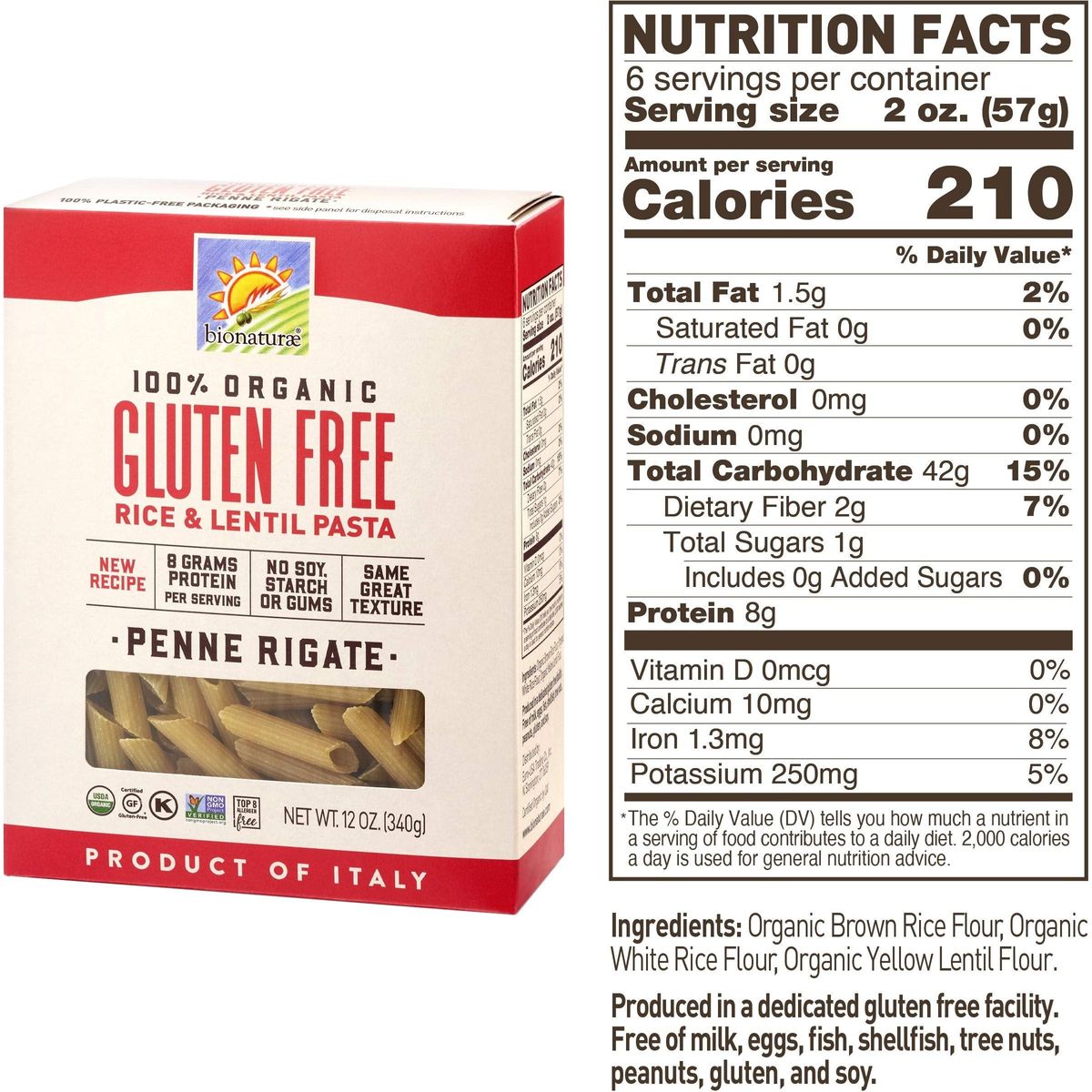 Bionaturae Penne Rigate Pasta Noodles - Gluten Free Pasta Organic, Rice &amp; Lentil Pasta, Kosher Certified, High Protein, Non-GMO Verified, USDA Certified, Gluten Free Pastas, Crafted in Italy - 12 Oz