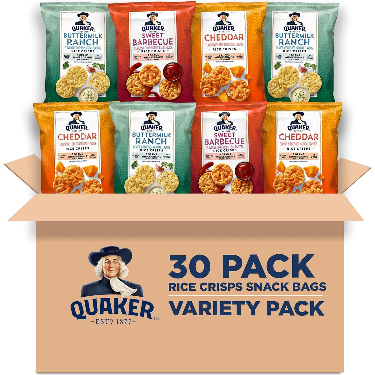 Quaker Rice Crisps, Gluten Free, 3 Flavor, Single Serve, 0.67, Savory Variety Pack, 20.1 Oz,Pack of 30