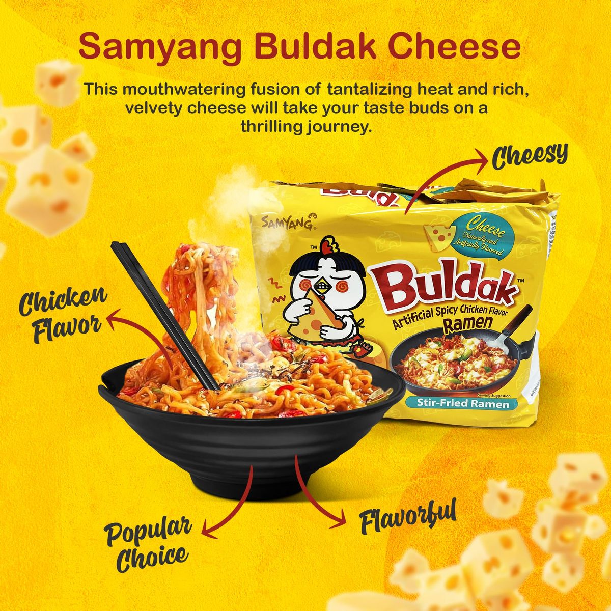 CraveRly Japanese 2 Ramen Bowls 2 pairs of Chopsticks and 15 Cheese Noodles Ramen Noodle Bowls for featuring Samyang Buldak Ramen Noodle Variety Pack includes Servings of Noodles of cheese flavor