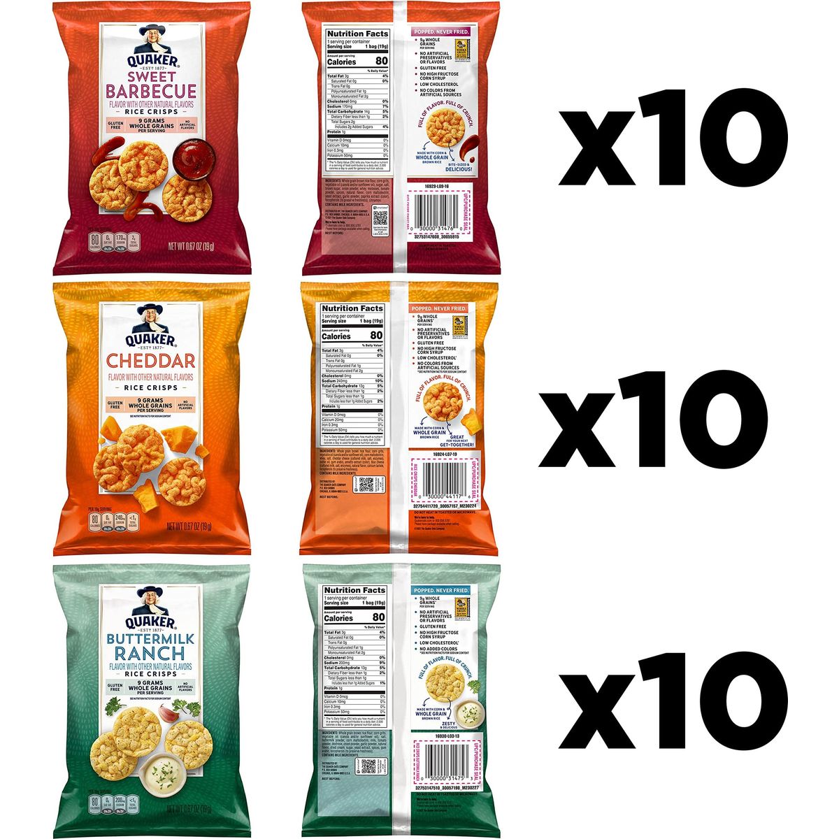 Quaker Rice Crisps, Gluten Free, 3 Flavor, Single Serve, 0.67, Savory Variety Pack, 20.1 Oz,Pack of 30