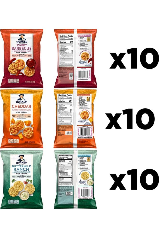 Quaker Rice Crisps, Gluten Free, 3 Flavor, Single Serve, 0.67, Savory Variety Pack, 20.1 Oz,Pack of 30