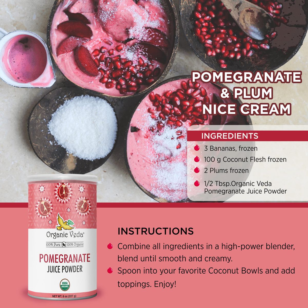 Organic Veda Pomegranate Juice Powder  Powdered Pomegranate Extract Rich in Vitamin C Folate  Potassium  Pomegranate Concentrate For Salad Yogurt Ice Cream  Vegan NonGMO Zero Gluten 8oz