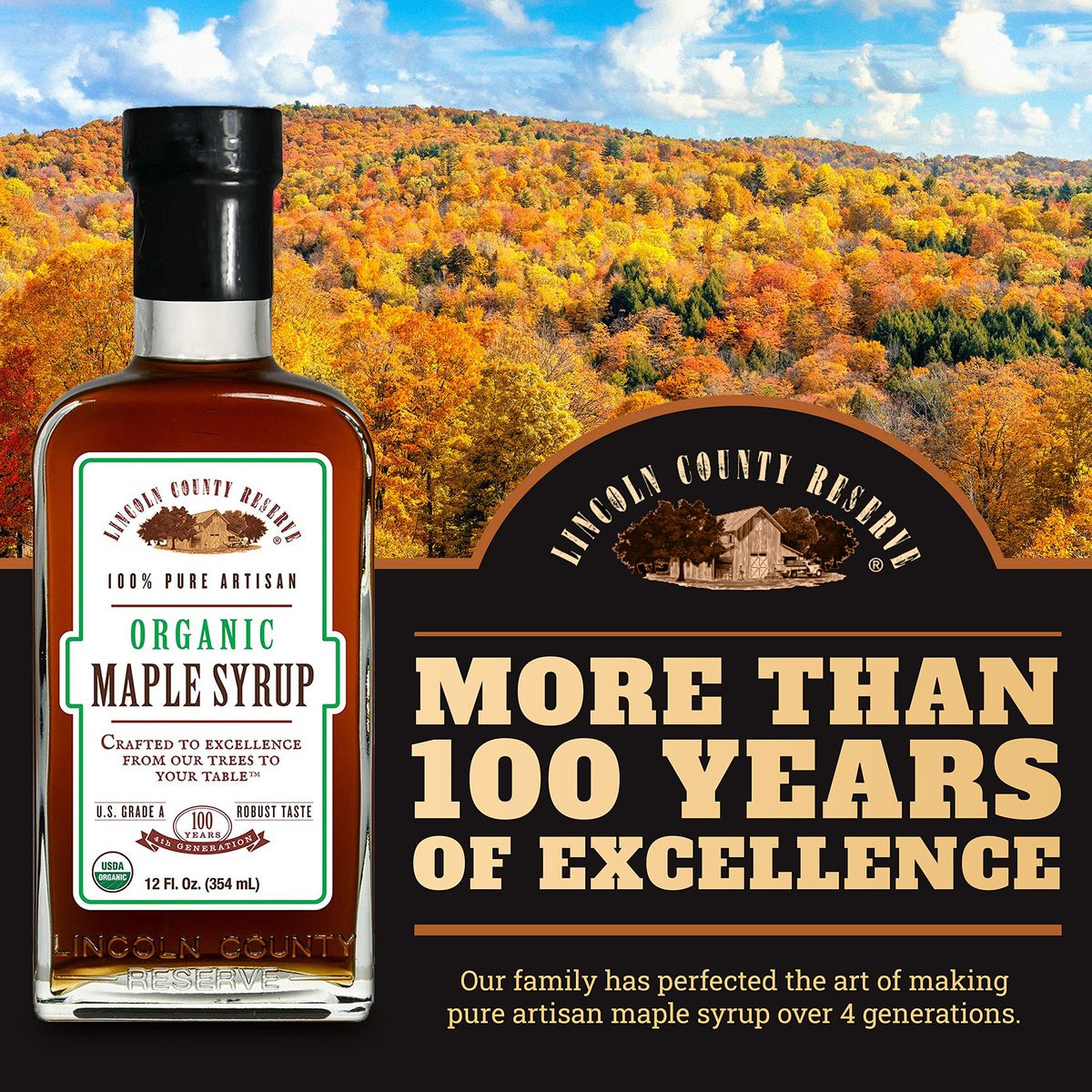 Lincoln County Reserve Organic 100 Pure Maple Syrup  Artisan Premium Grade Organic Maple Extract  Made 100 Pure with a Robust and Bold Taste  Product of USA12 oz Glass Bottle