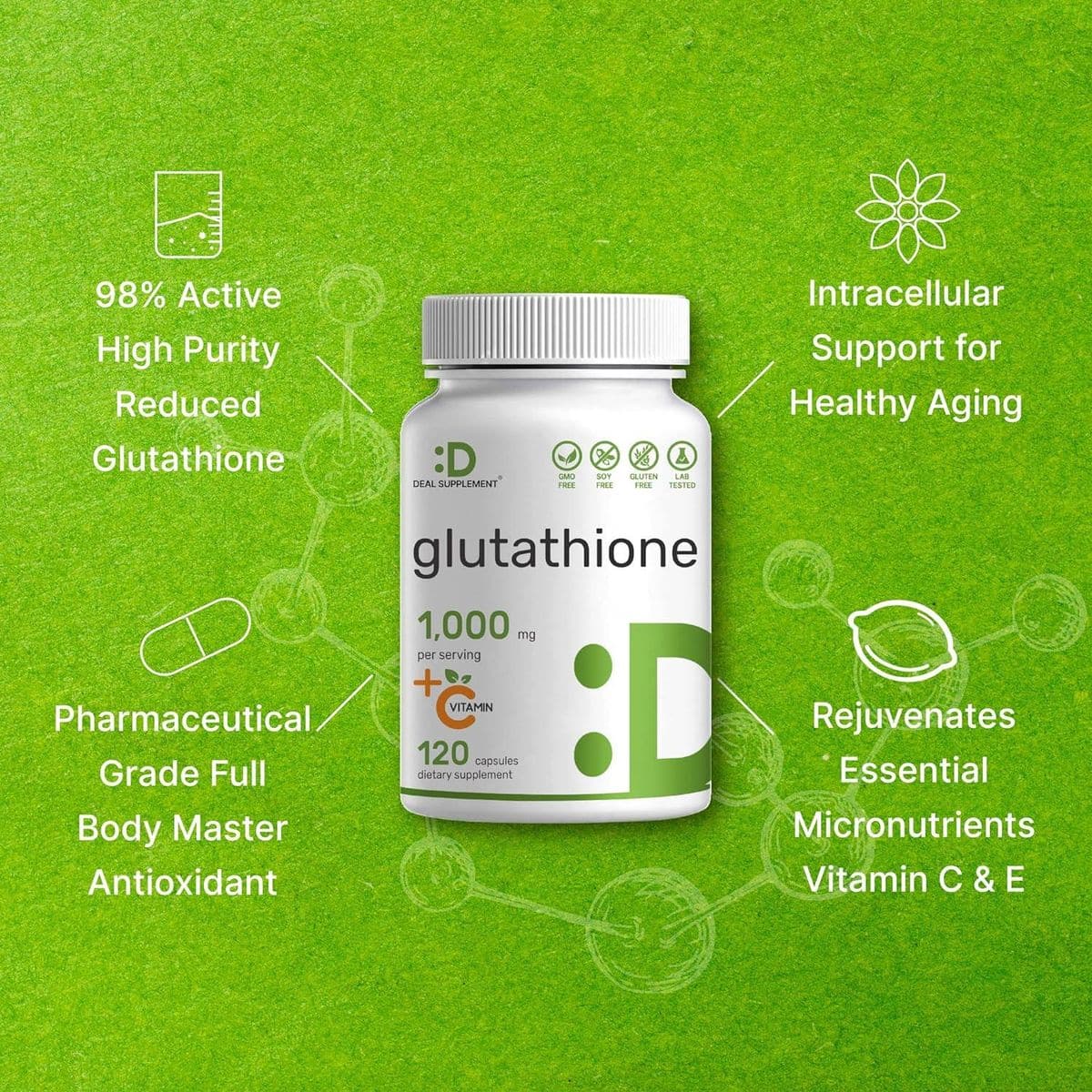 Glutathione Supplement 1,000mg Per Serving - Plus Vitamin C 500mg - 120 Capsules