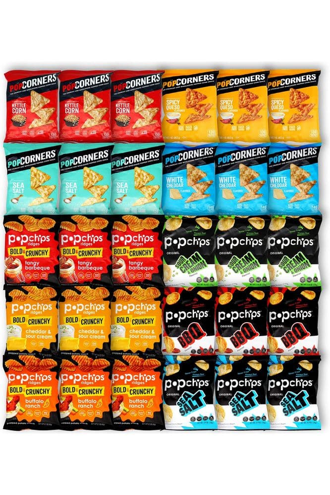 Popcorners and Popchips Variety Snack Pack - 30 Count Box Bulk with Tangy Barbeque pop chips, Buffalo Ranch, and Cheddar &amp; Sour Cream, Sea Salt, Bbq, and Sour Cream &amp; Onion, Kettle Corn, White Cheddar, Sea Salt and Spicy Queso | Niro Assortment