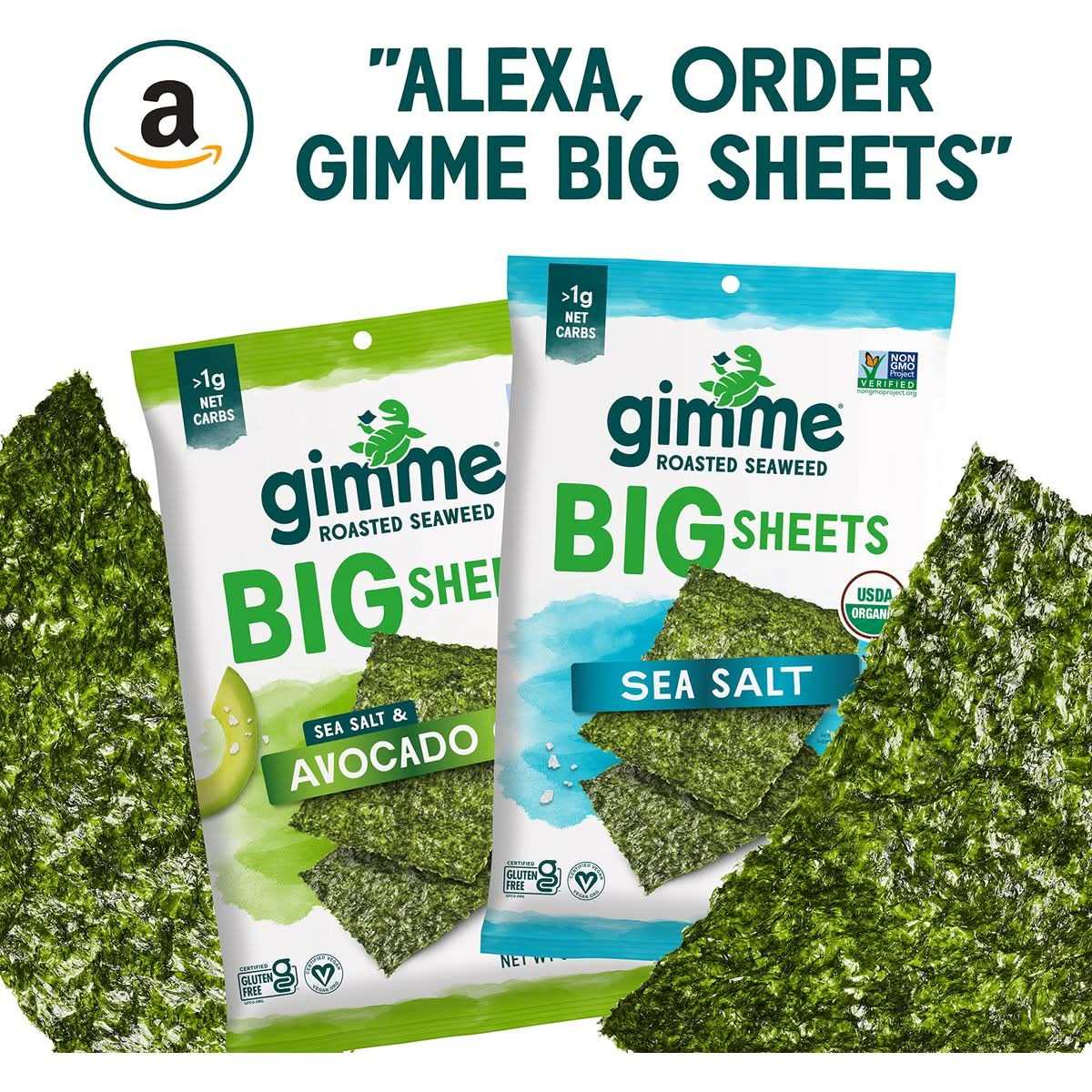 gimMe  Sea Salt  Avocado Oil  Big Sheets  Organic Roasted Seaweed Sheets  Keto Vegan Gluten Free Healthy OnTheGo Snack for Kids  Adults  92oz  Pack of 10