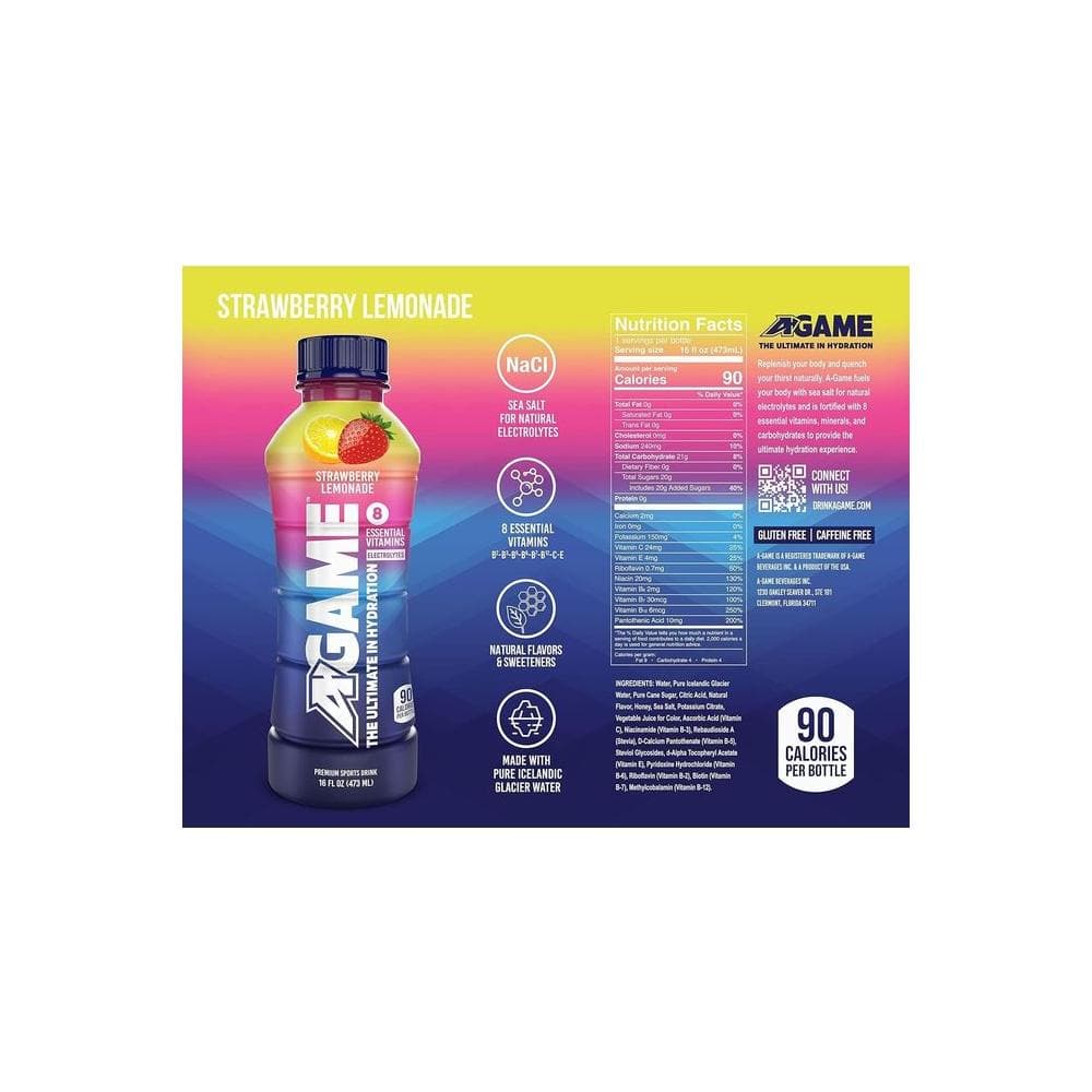 A - GAME Sports Drink - Strawberry Lemonade - 16 Fl Oz (Pack of 12) - Whlsome - Sports Nutrition