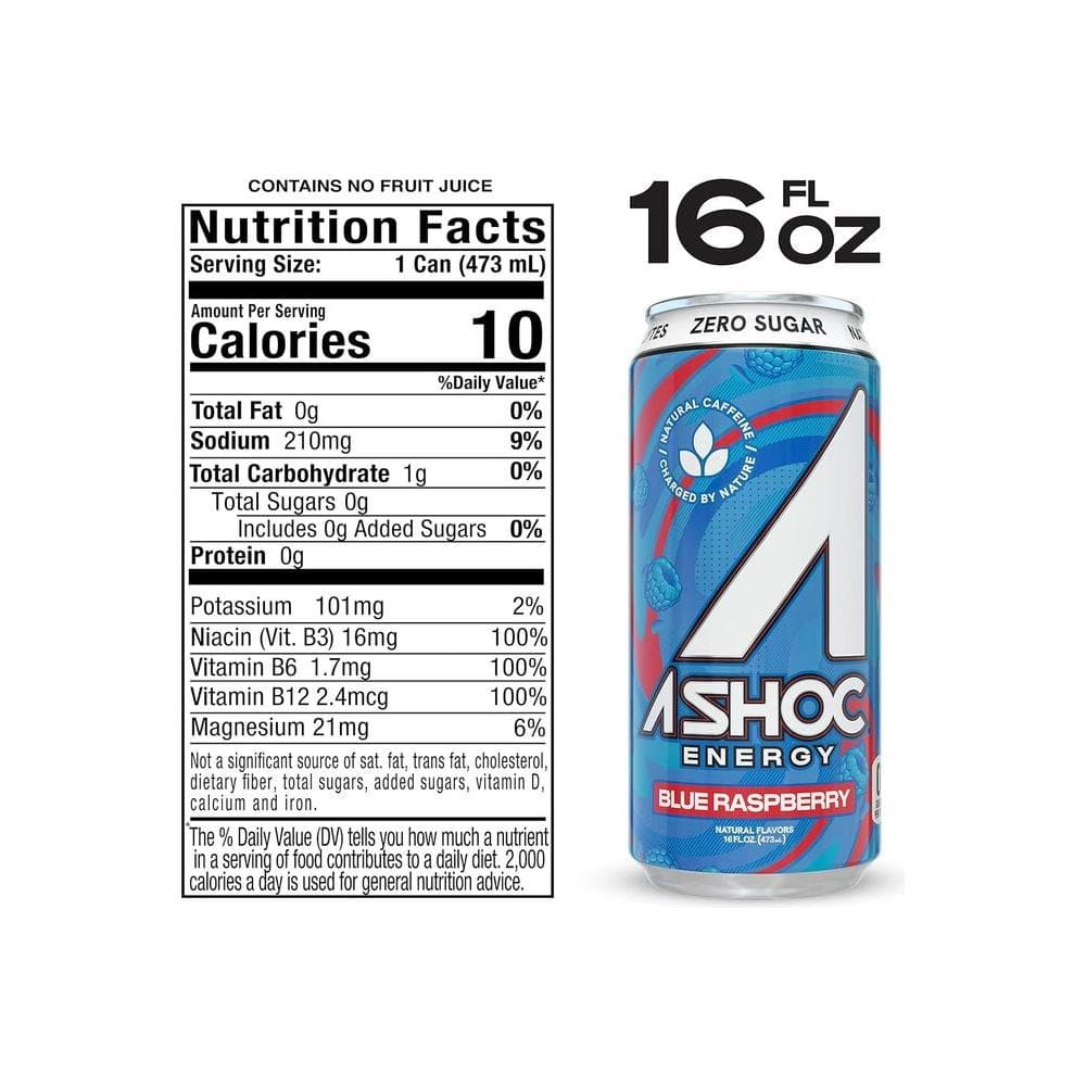 A SHOC Blue Raspberry Energy Drink - 16 fl oz can (Pack of 12) - Whlsome - Sports Nutrition