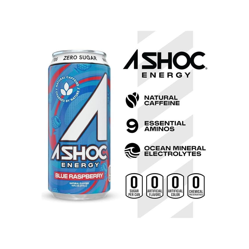 A SHOC Blue Raspberry Energy Drink - 16 fl oz can (Pack of 12) - Whlsome - Sports Nutrition