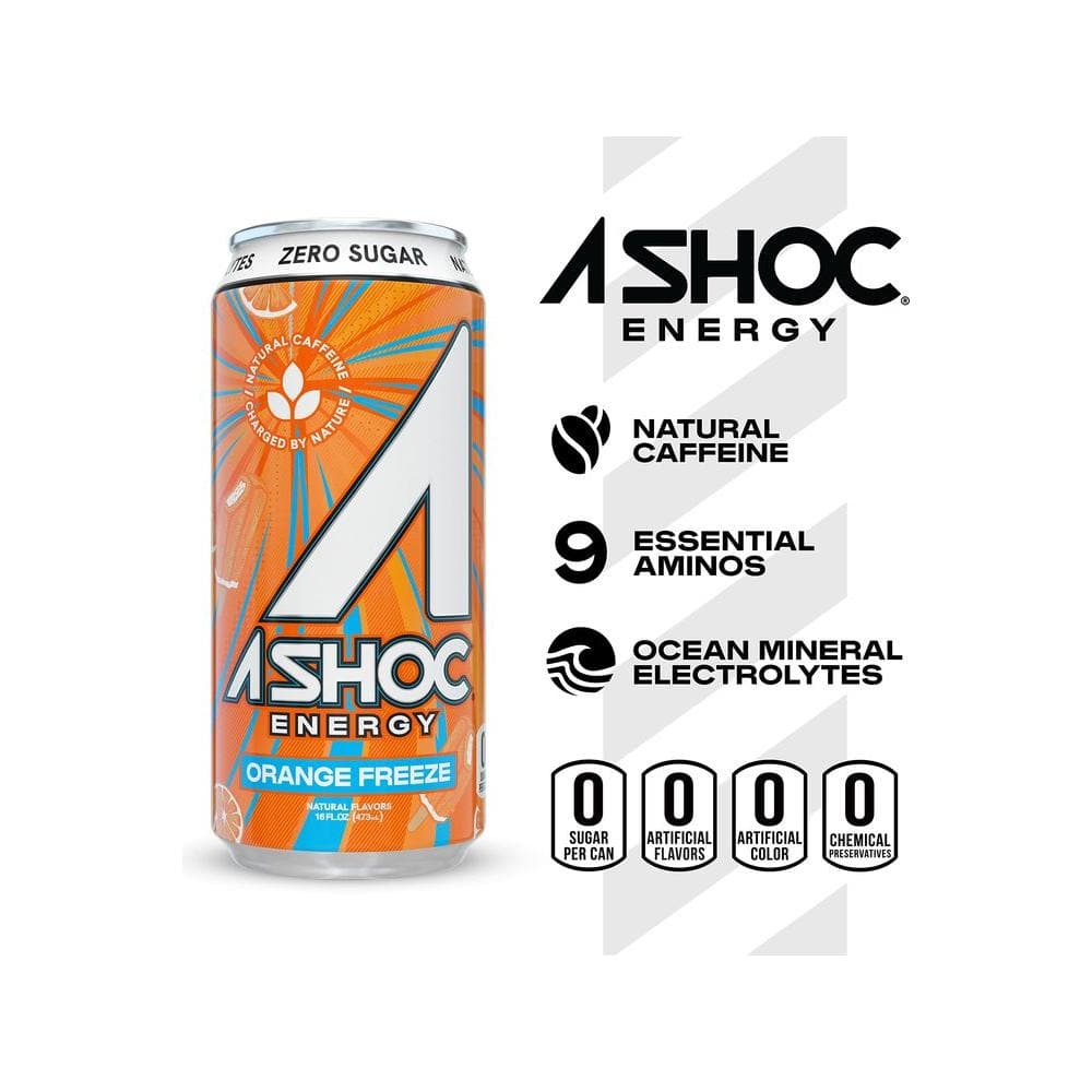 A SHOC Orange Freeze Energy Drink 16 fl oz can Pack of 12 - Whlsome - Sports Nutrition