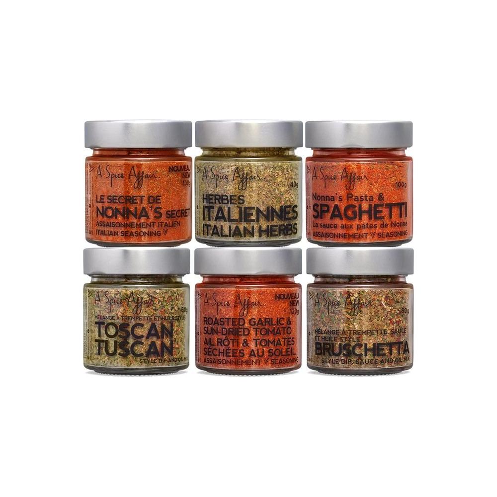 A Spice Affair's Nonna's Kitchen 6 - Pack Spices Set - Italian Seasoning Spice, Spaghetti Seasoning Mix, Tuscan Spice, Roasted Garlic & Sun - Dried Tomato Powder, Bruschetta Seasoning Mix, Grill Spice Set - Whlsome - Barbecue Seasoning