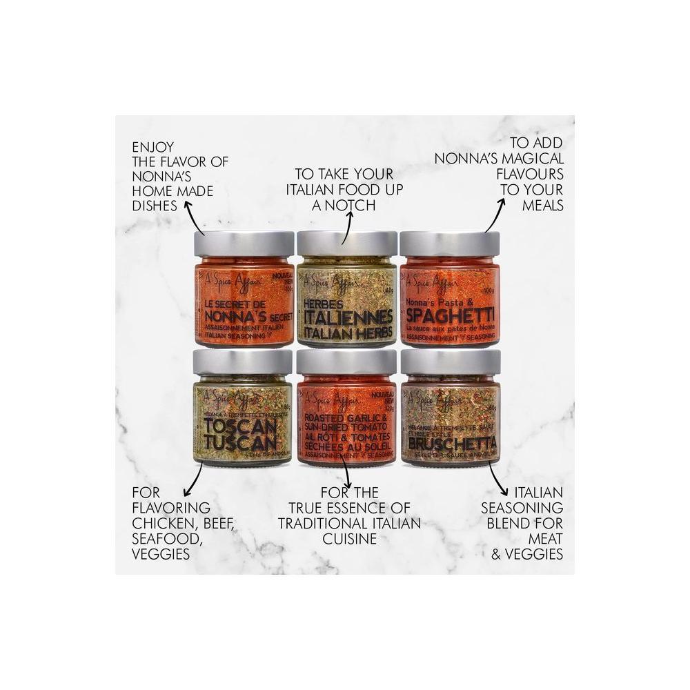 A Spice Affair's Nonna's Kitchen 6 - Pack Spices Set - Italian Seasoning Spice, Spaghetti Seasoning Mix, Tuscan Spice, Roasted Garlic & Sun - Dried Tomato Powder, Bruschetta Seasoning Mix, Grill Spice Set - Whlsome - Barbecue Seasoning