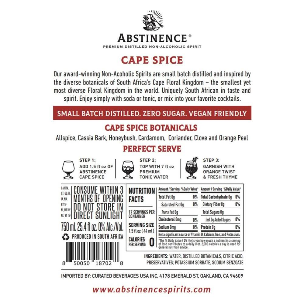 Abstinence Spirits Cape Spice Award Winning AlcoholFree Spirit Caloriefree Sugarfree 750ml - Whlsome - Drinks &amp; Beverages