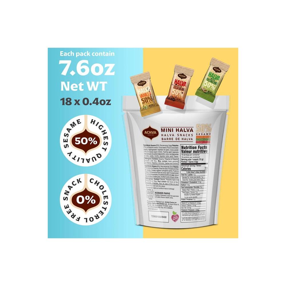 Achva Kosher Vanilla Cocoa Beans and Pistachio Mini Halva Bars Snack Bag 18ct Each Bar 04oz Net Wt 76oz Pack of 2 Vegan Kosher Individually Wrapped - Whlsome - Unsorted