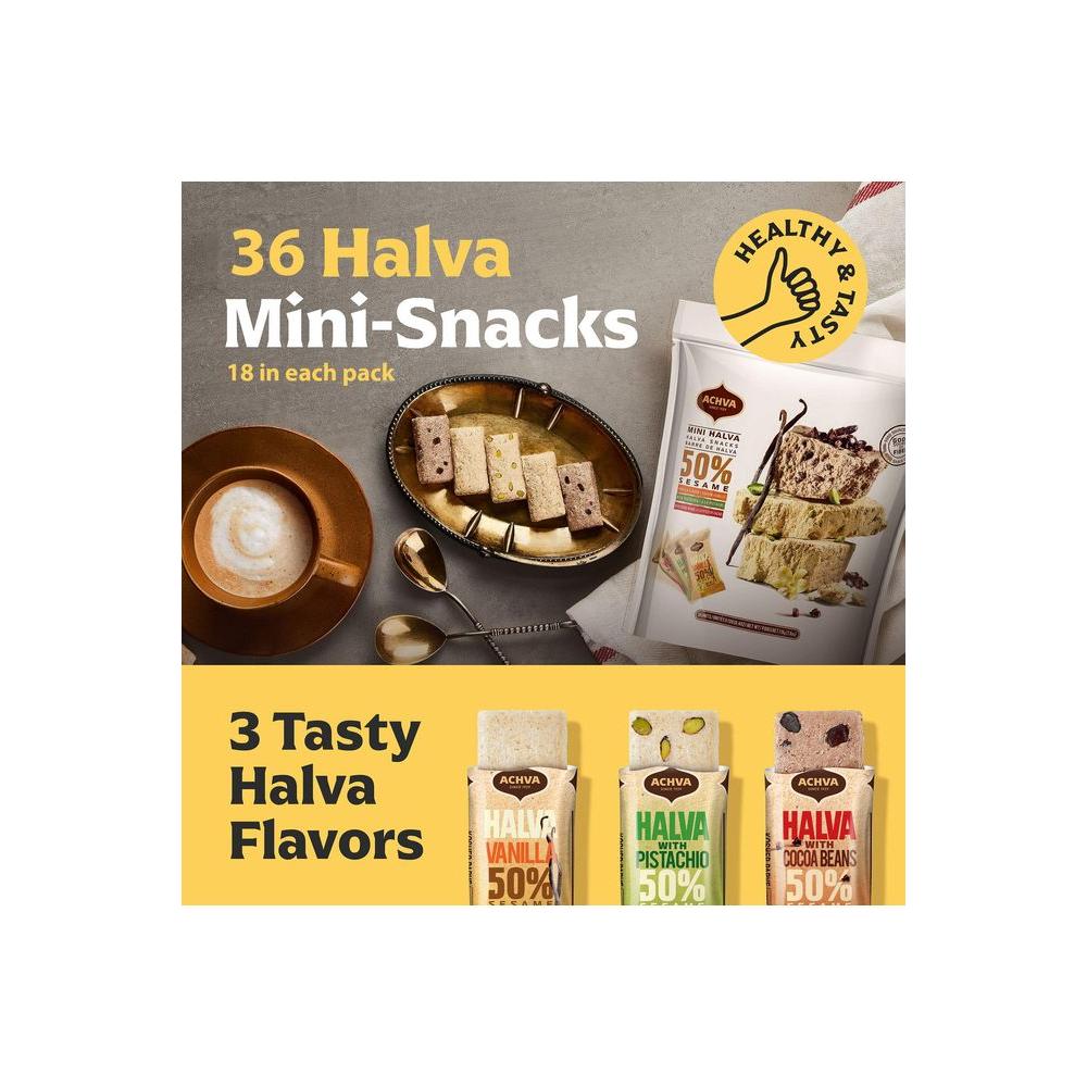 Achva Kosher Vanilla Cocoa Beans and Pistachio Mini Halva Bars Snack Bag 18ct Each Bar 04oz Net Wt 76oz Pack of 2 Vegan Kosher Individually Wrapped - Whlsome - Unsorted