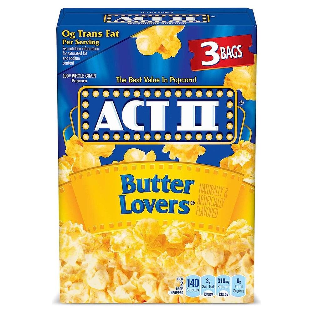 ACT II Butter Lovers Microwave Popcorn, 3 - Count 2.75 - oz. Bags - Whlsome - Popcorn